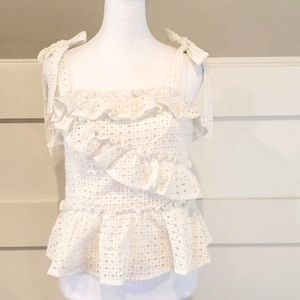 Anthropoligie Sunday in Brooklyn White  Eyelet Ruffled Tie Shoulder Top, Med NWT